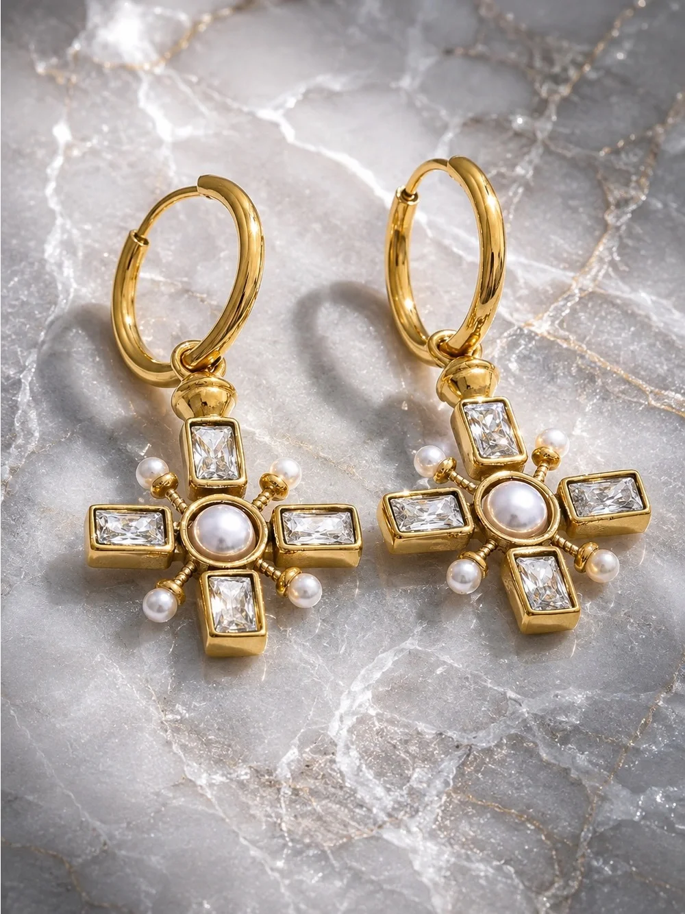 Gold plated Cross Hoop Earrings with Pearls and Crystals
